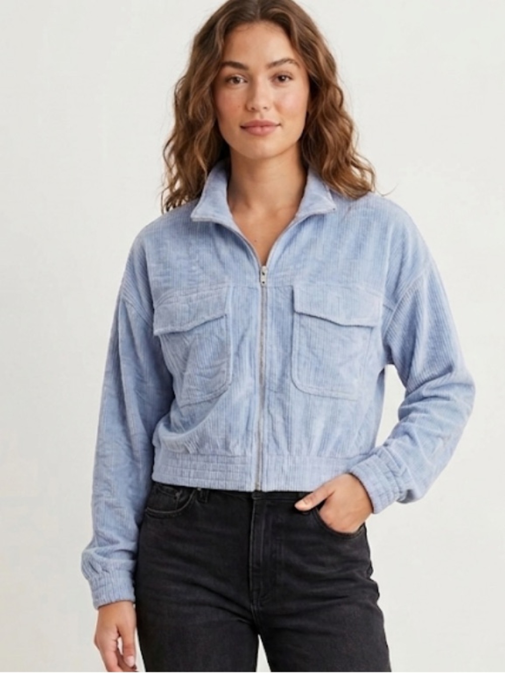 Aerie Groove On Velour Corduroy Cropped Zip Up Jacket.